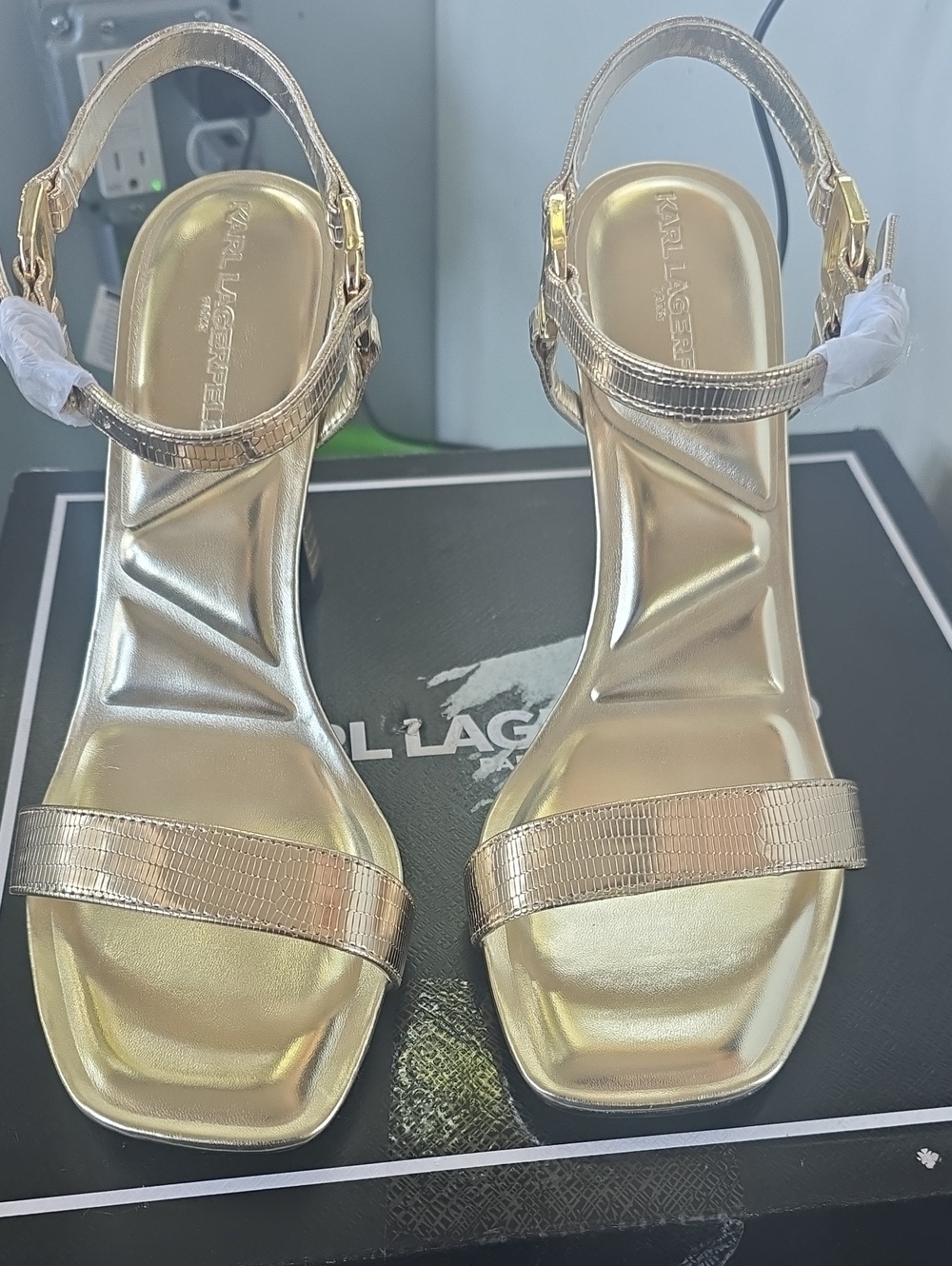 Karl Lagerfeld Metallic Gold Ankle-Strap Heels